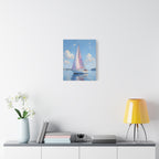 Sailing boat on calm water with pink accents Wall Art - Stretched Canvas