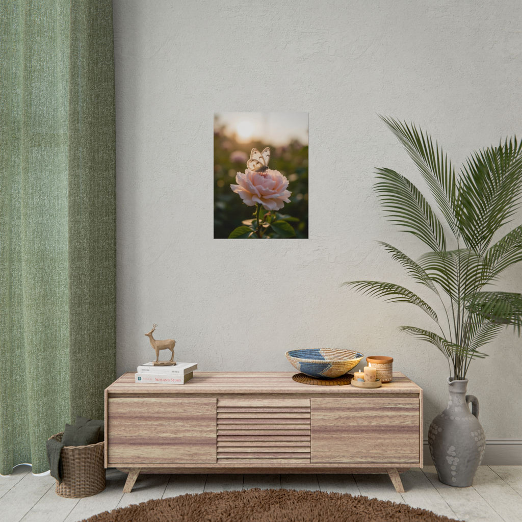 Butterfly on Pink Rose Wall Art - Poster