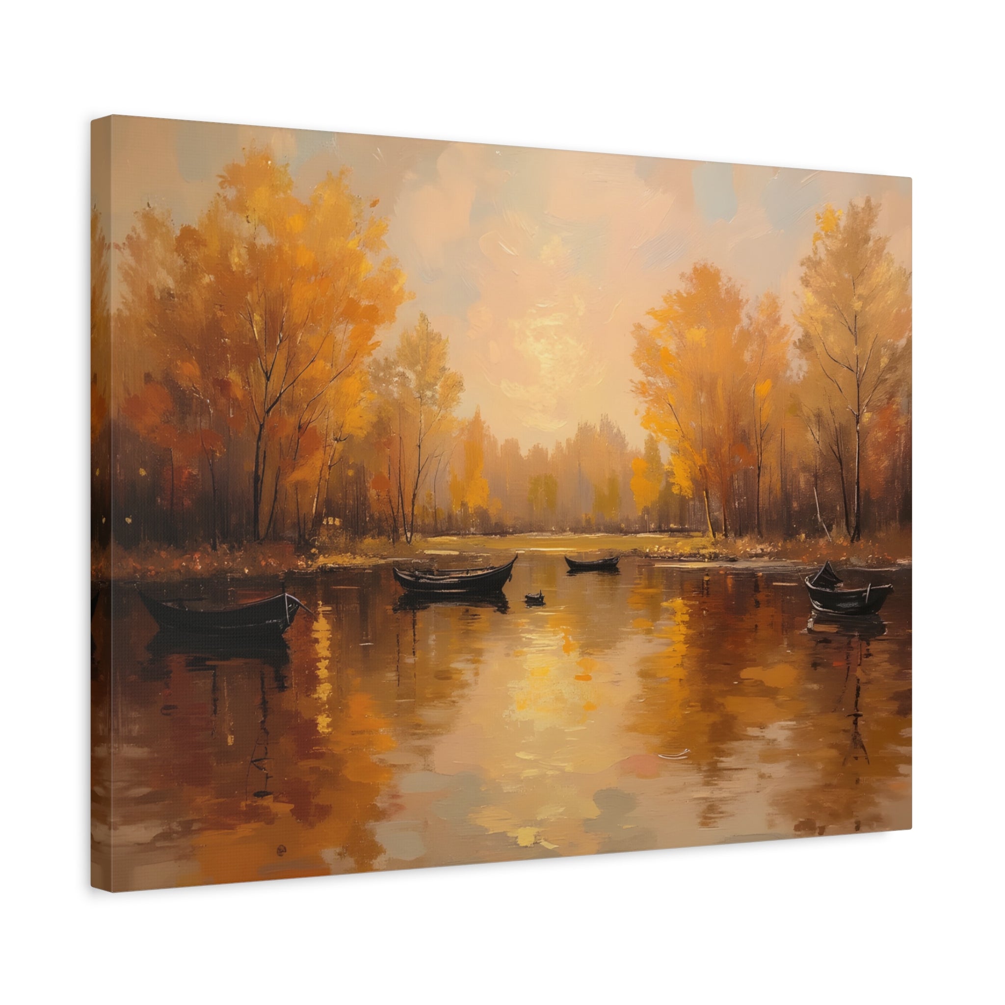Autumn at the lake with rowboats Wall Art - Stretched Canvas