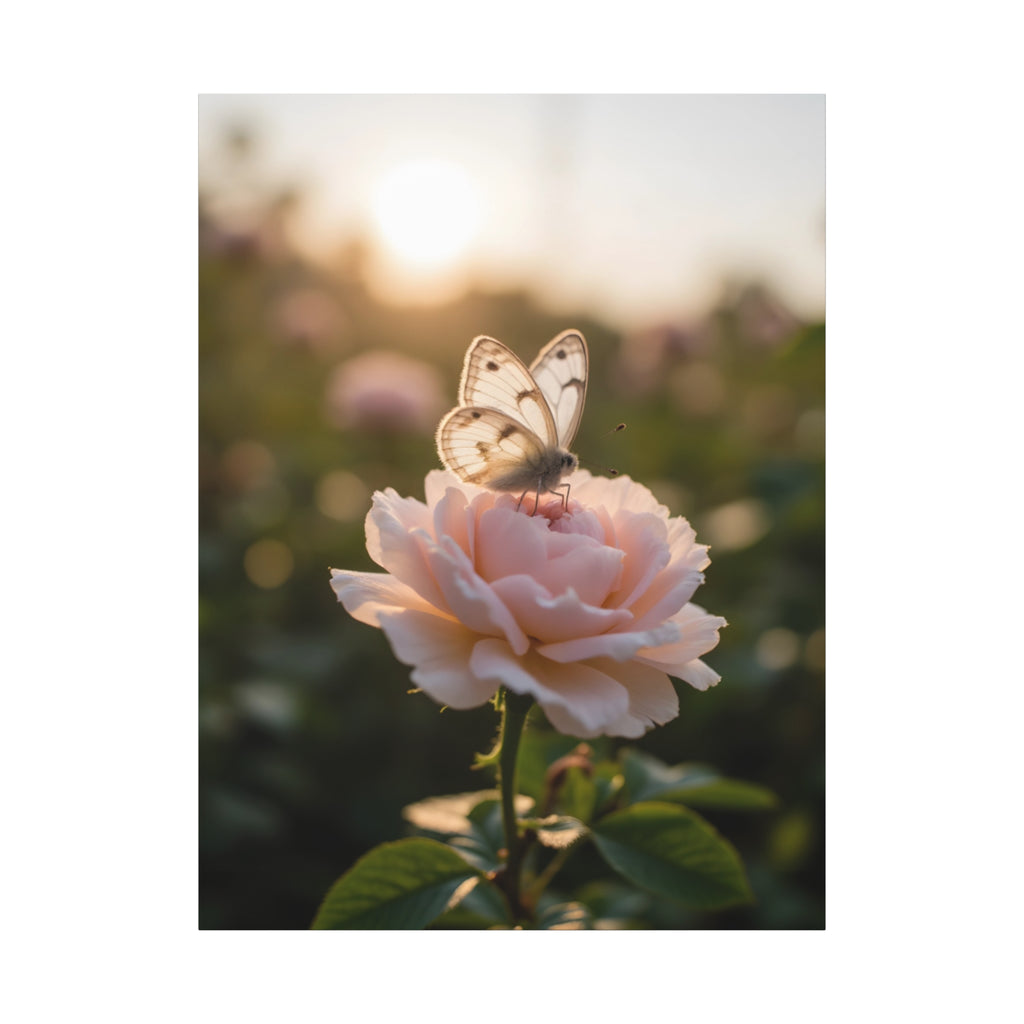 Butterfly on Pink Rose Wall Art - Stretched Canvas