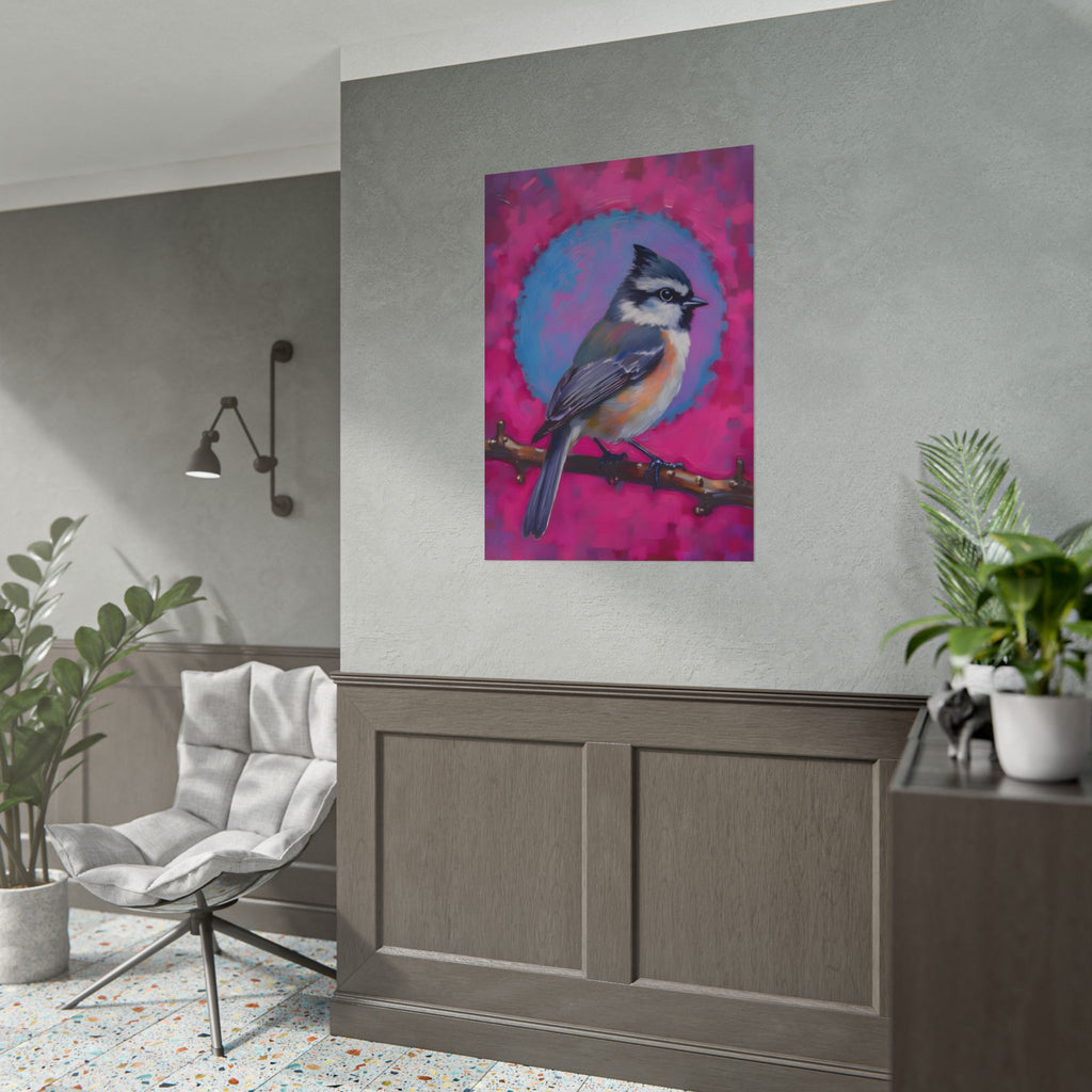 Colorful Songbird Poster — Blue Jay Art Print on Vibrant Pink Background