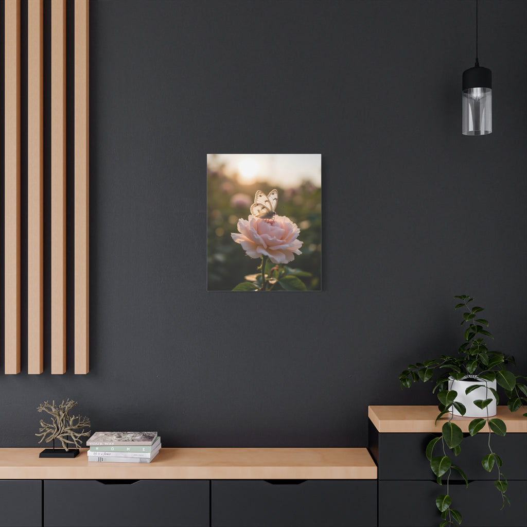 Butterfly on Pink Rose Wall Art - Stretched Canvas