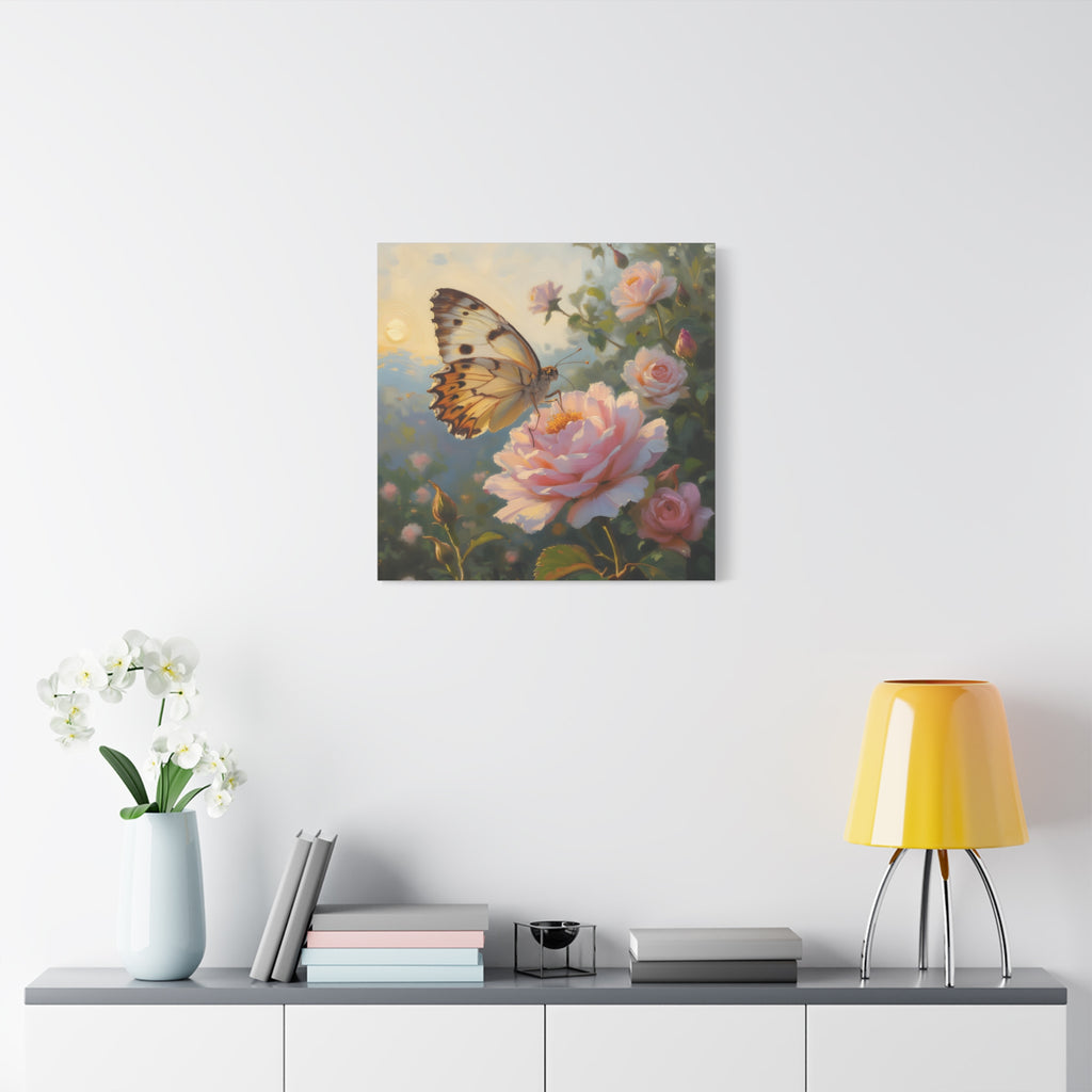 Butterfly on Pink Rose Wall Art - Stretched Canvas