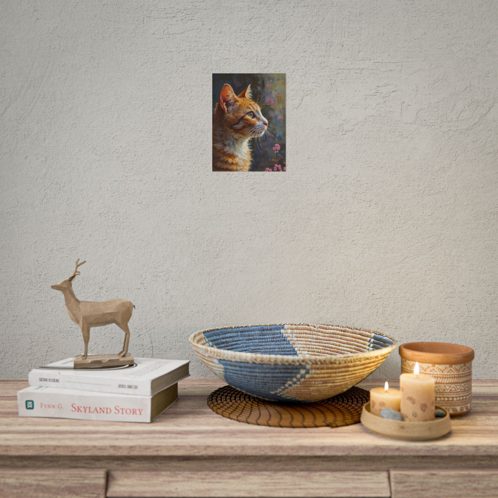 Oranje cyperse kat olieverf penseelstreek opgerolde poster