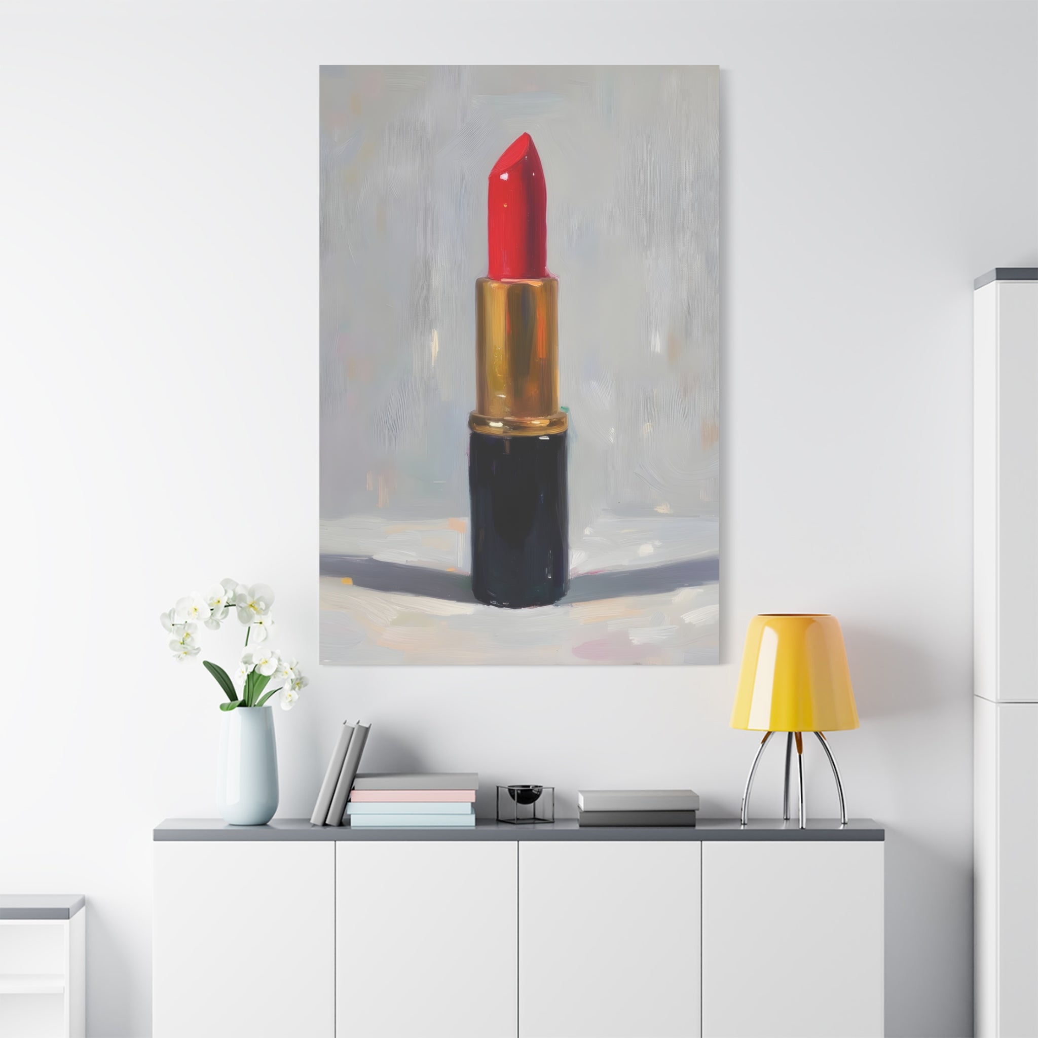 Red Lipstick Canvas Art — Cosmetic Pop Still Life Wall Decor