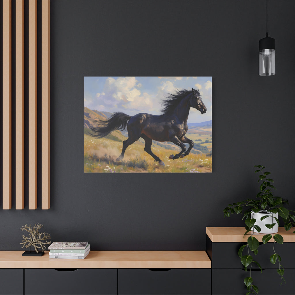 Running Black Stallion Wall Art - Horse Painting - Stretched Canvas