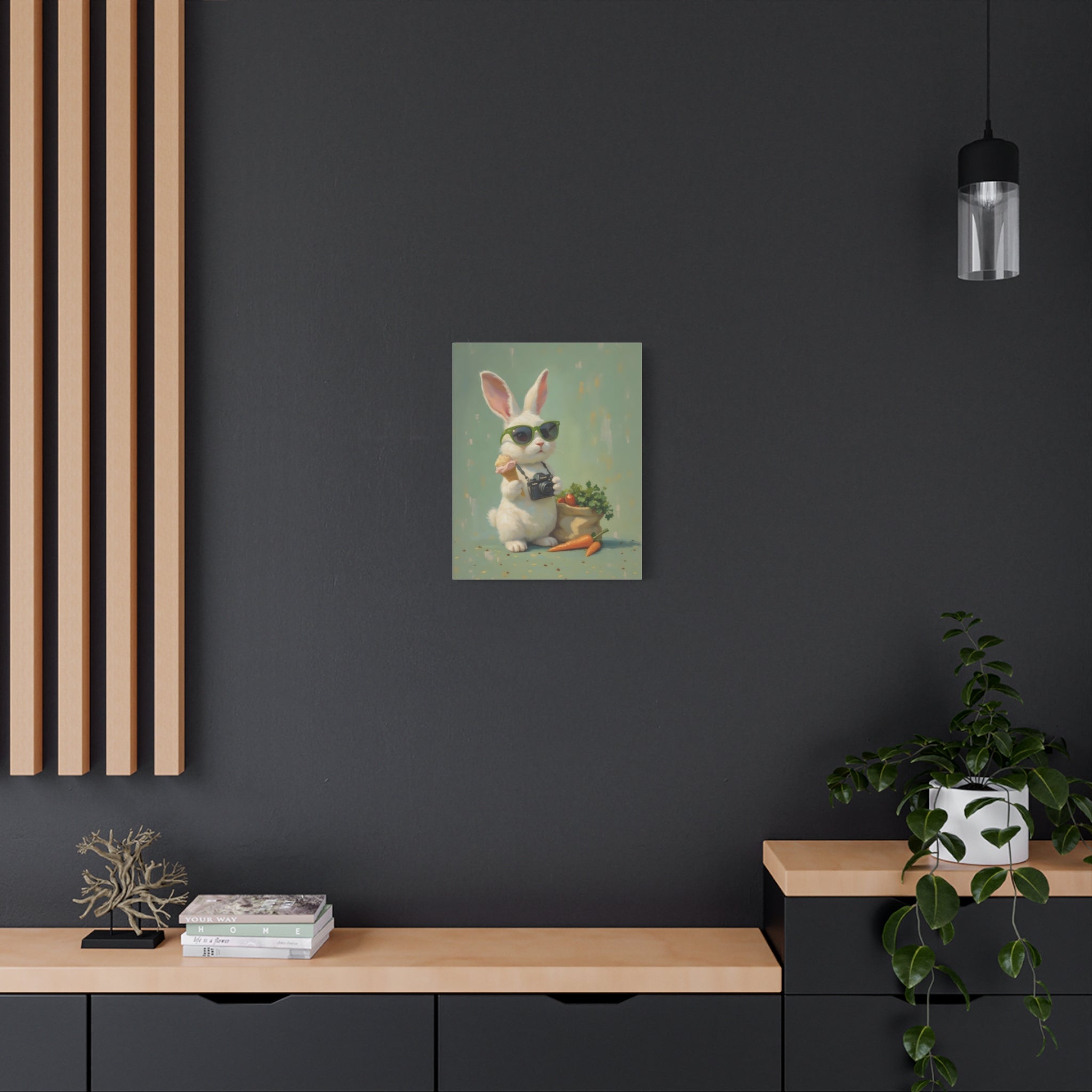 Green Bunny Canvas Wall Art — Photographer Bunny with Carrots & Ice Cream
