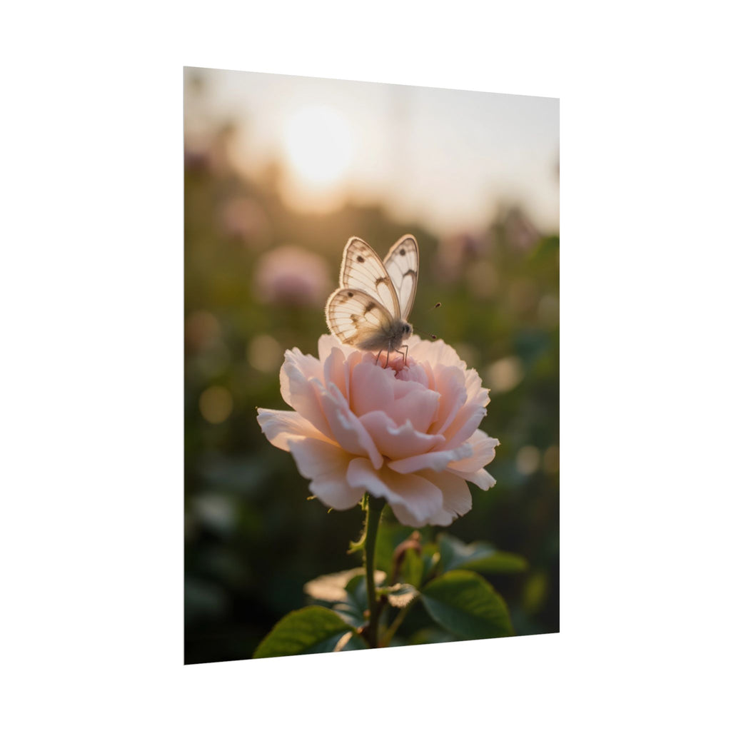 Butterfly on Pink Rose Wall Art - Poster