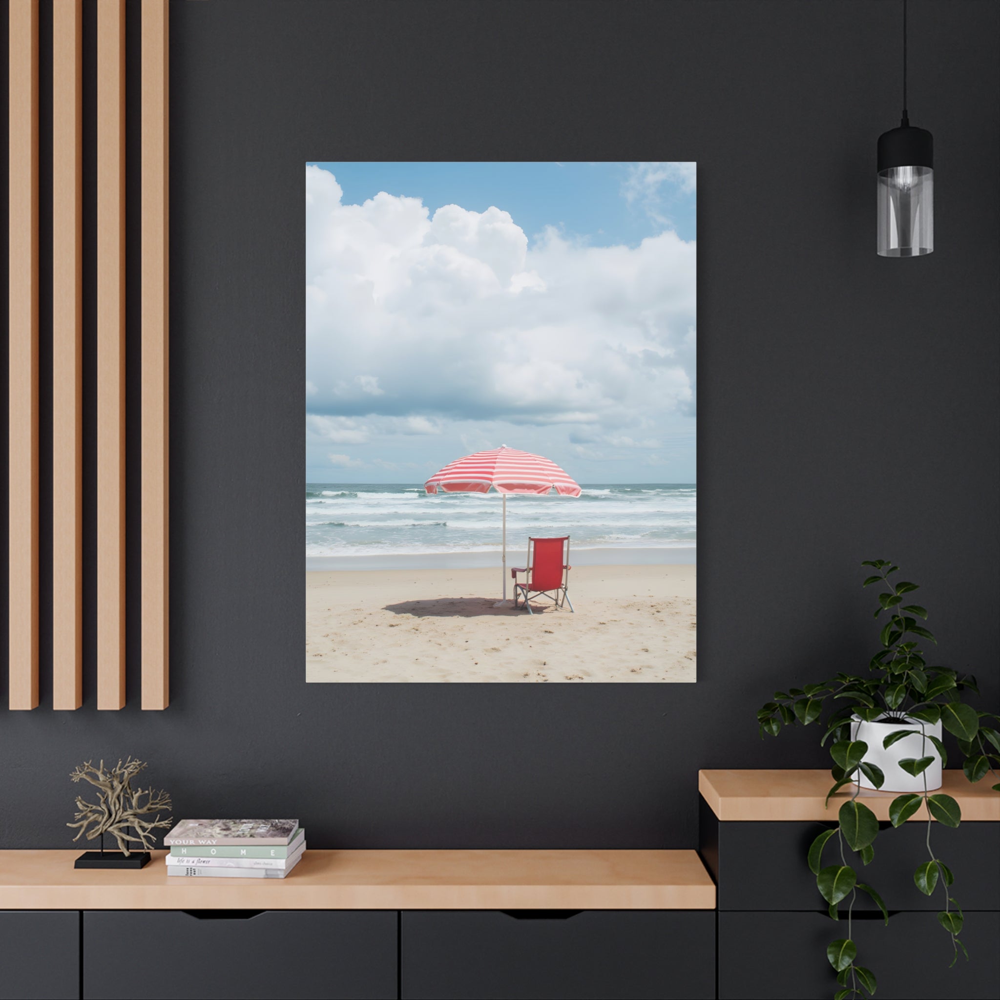 Sun-drenched beach memory with beach chair and umbrella Canvas Wall Art - Stretched Canvas