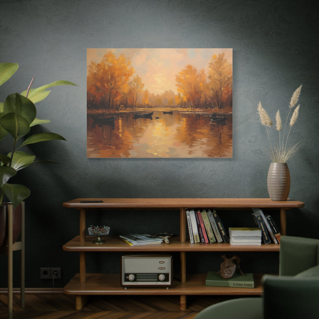 Autumn at the lake with rowboats Wall Art - Stretched Canvas