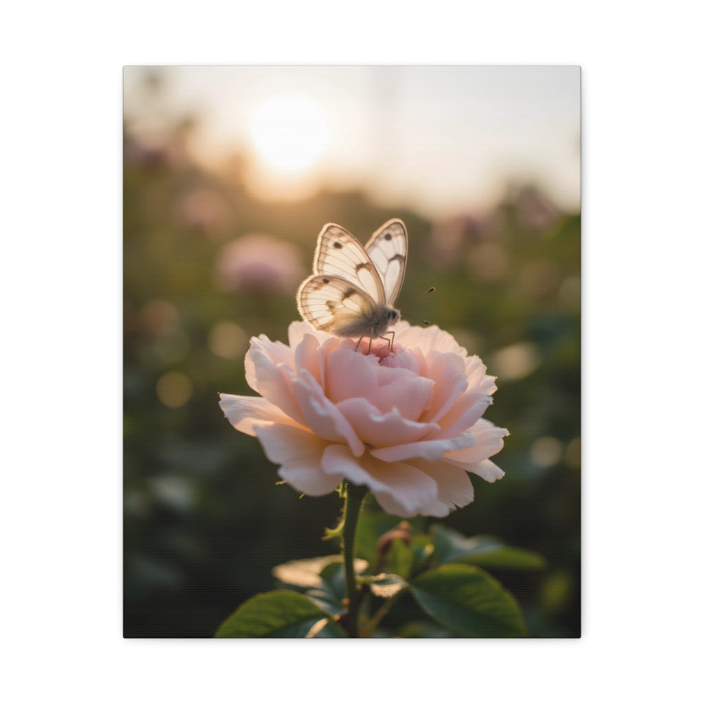 Butterfly on Pink Rose Wall Art - Stretched Canvas