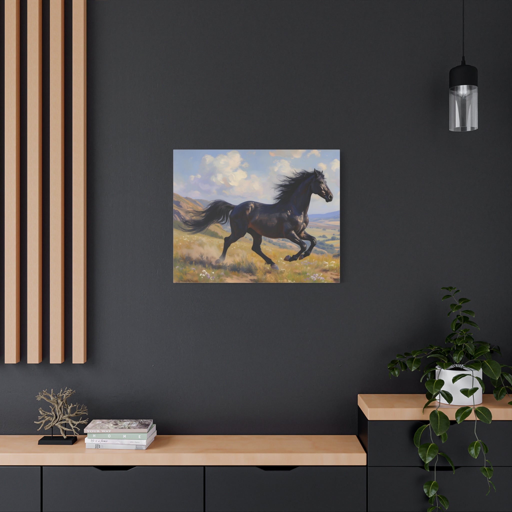 Running Black Stallion Wall Art - Horse Painting - Stretched Canvas