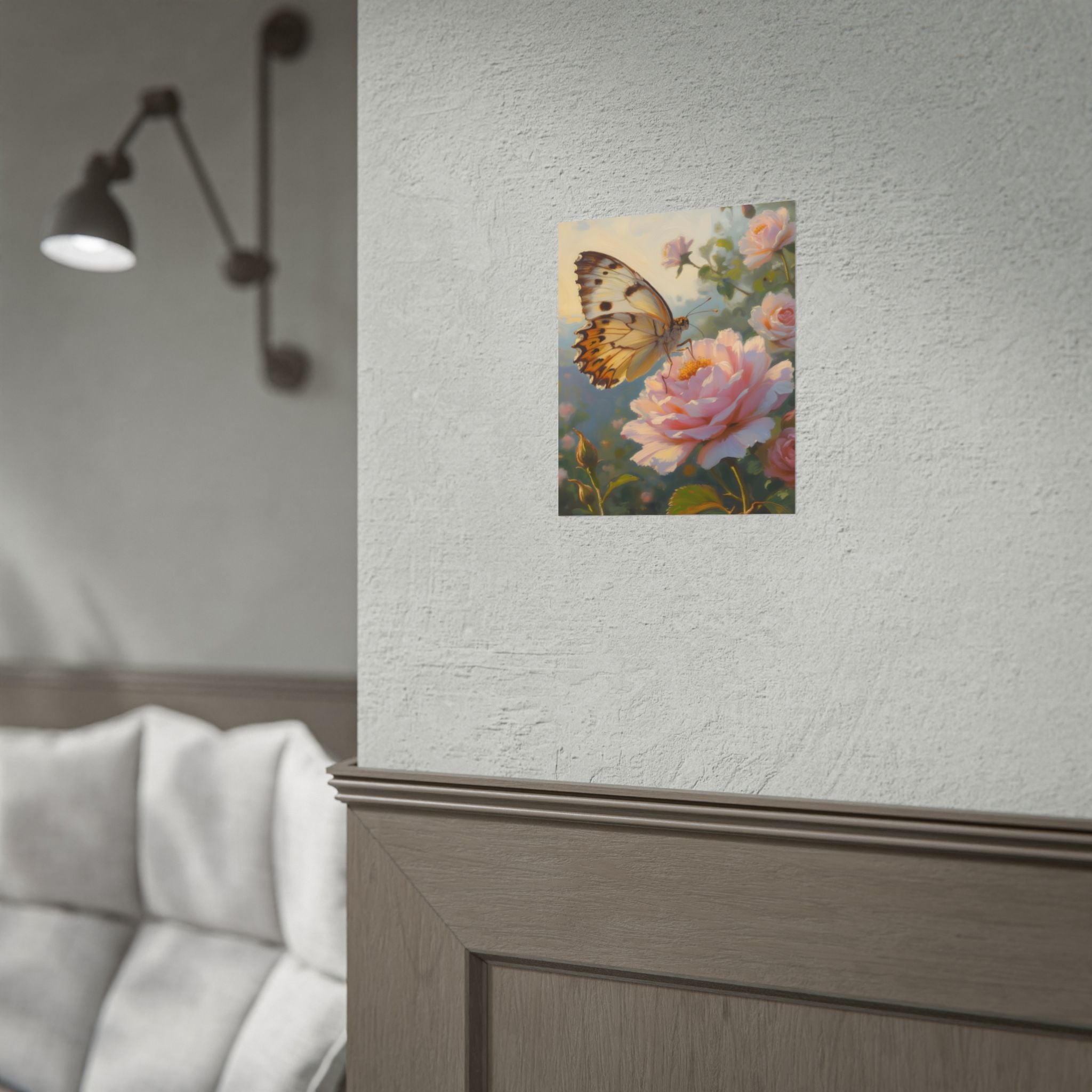 Butterfly on Pink Rose Wall Art - Poster