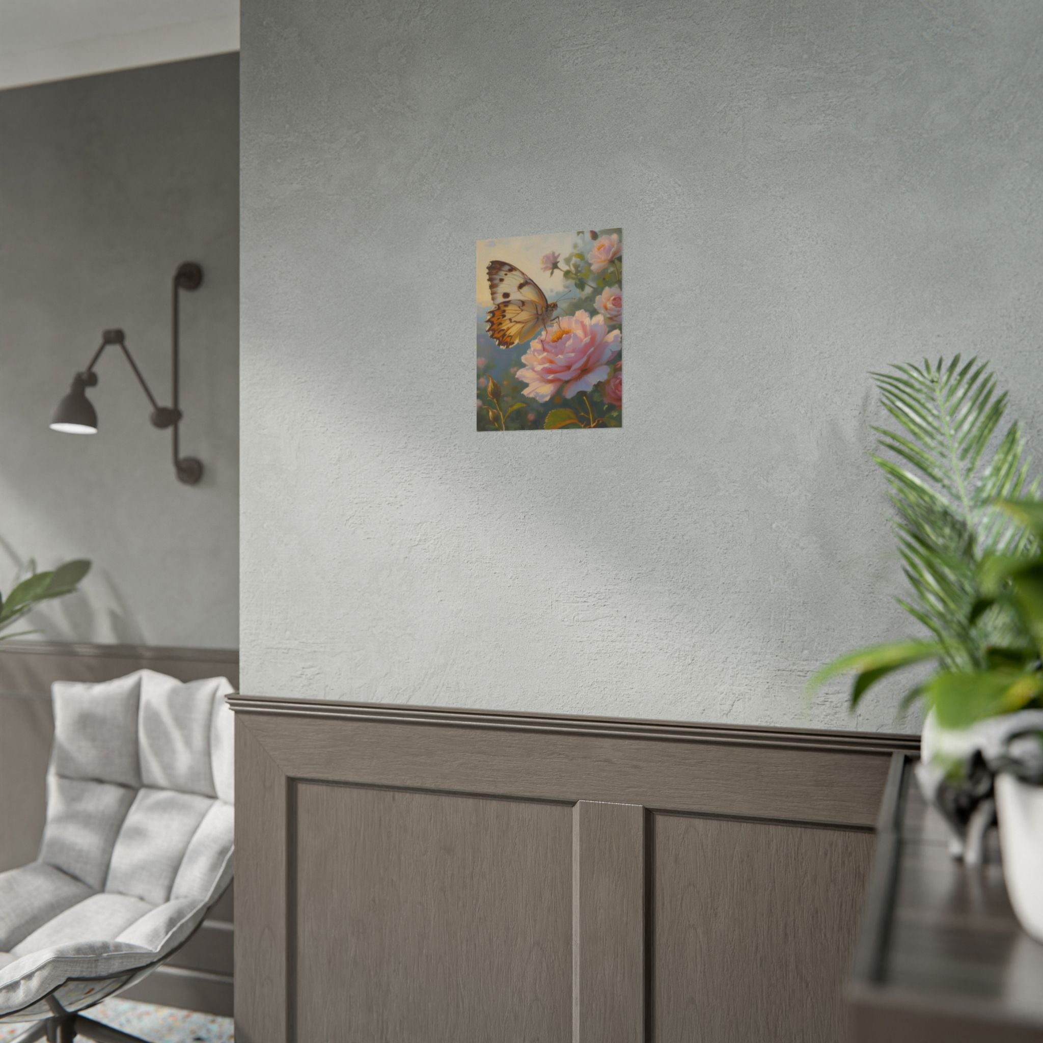 Butterfly on Pink Rose Wall Art - Poster