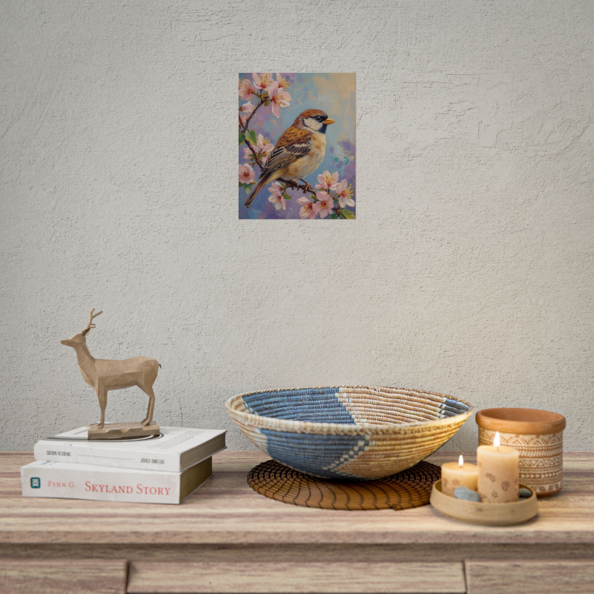 Bird on Blossom Rolled Poster — Spring Sparrow on Branch Wall Art Print