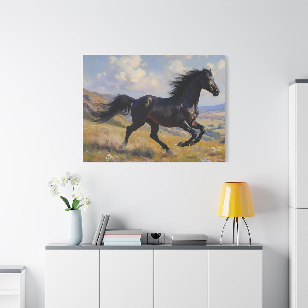 Running Black Stallion Wall Art - Horse Painting - Stretched Canvas