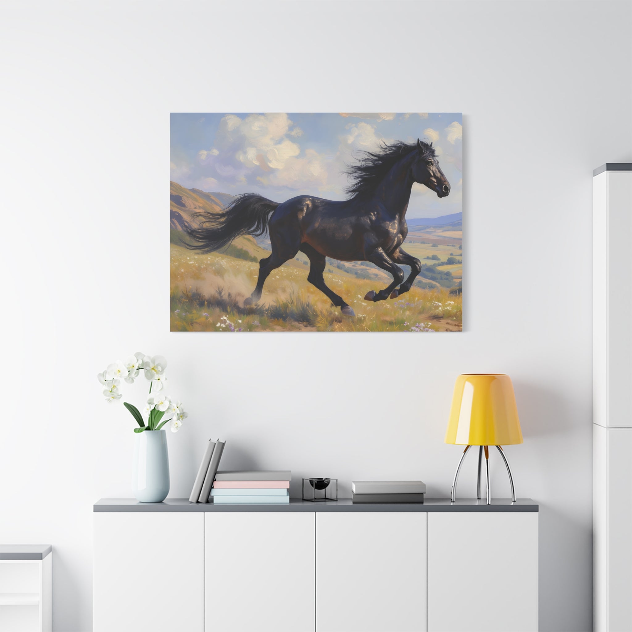 Running Black Stallion Wall Art - Horse Painting - Stretched Canvas