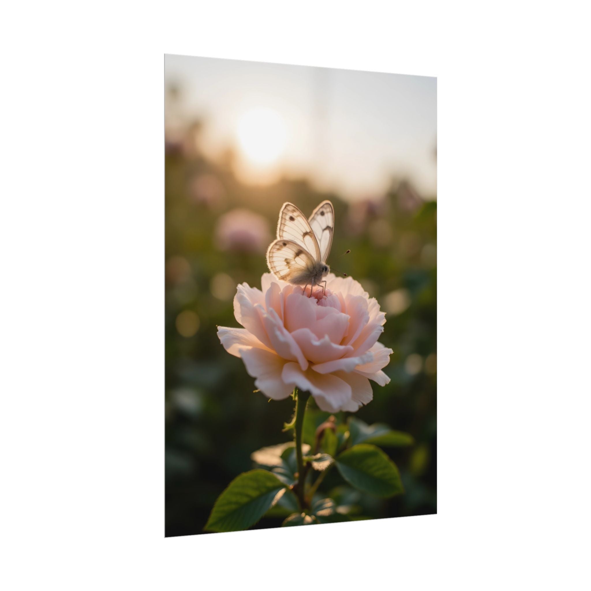 Butterfly on Pink Rose Wall Art - Poster