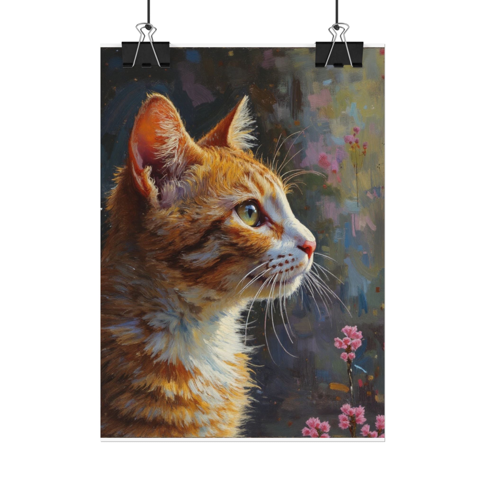 Oranje cyperse kat olieverf penseelstreek opgerolde poster