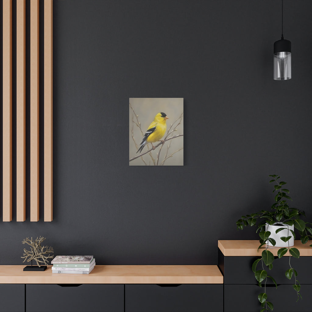 Putter Muurkunst Canvas — Gele Zangvogel Schilderij op Tak, Mat Gespannen Canvas