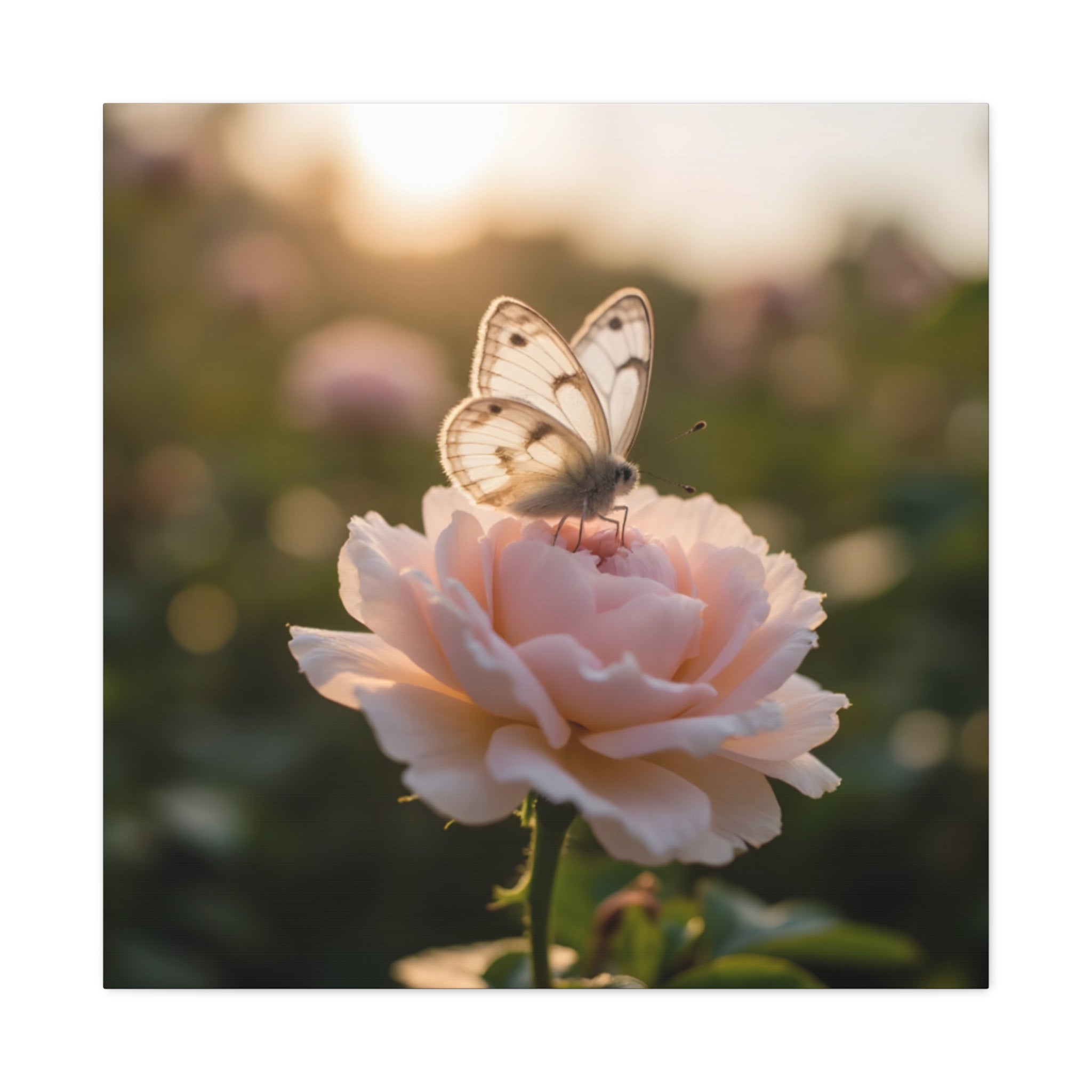 Butterfly on Pink Rose Wall Art - Stretched Canvas