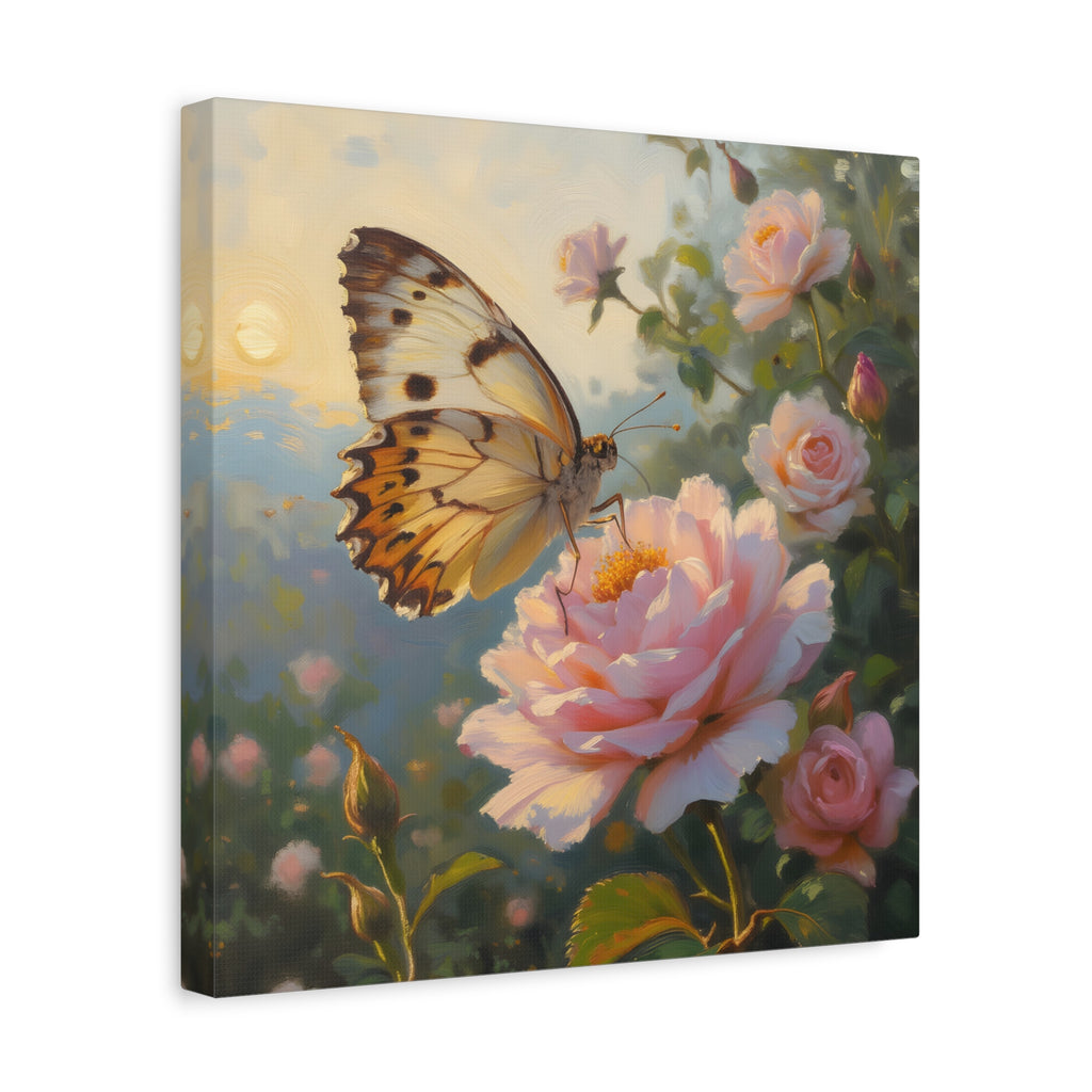 Butterfly on Pink Rose Wall Art - Stretched Canvas