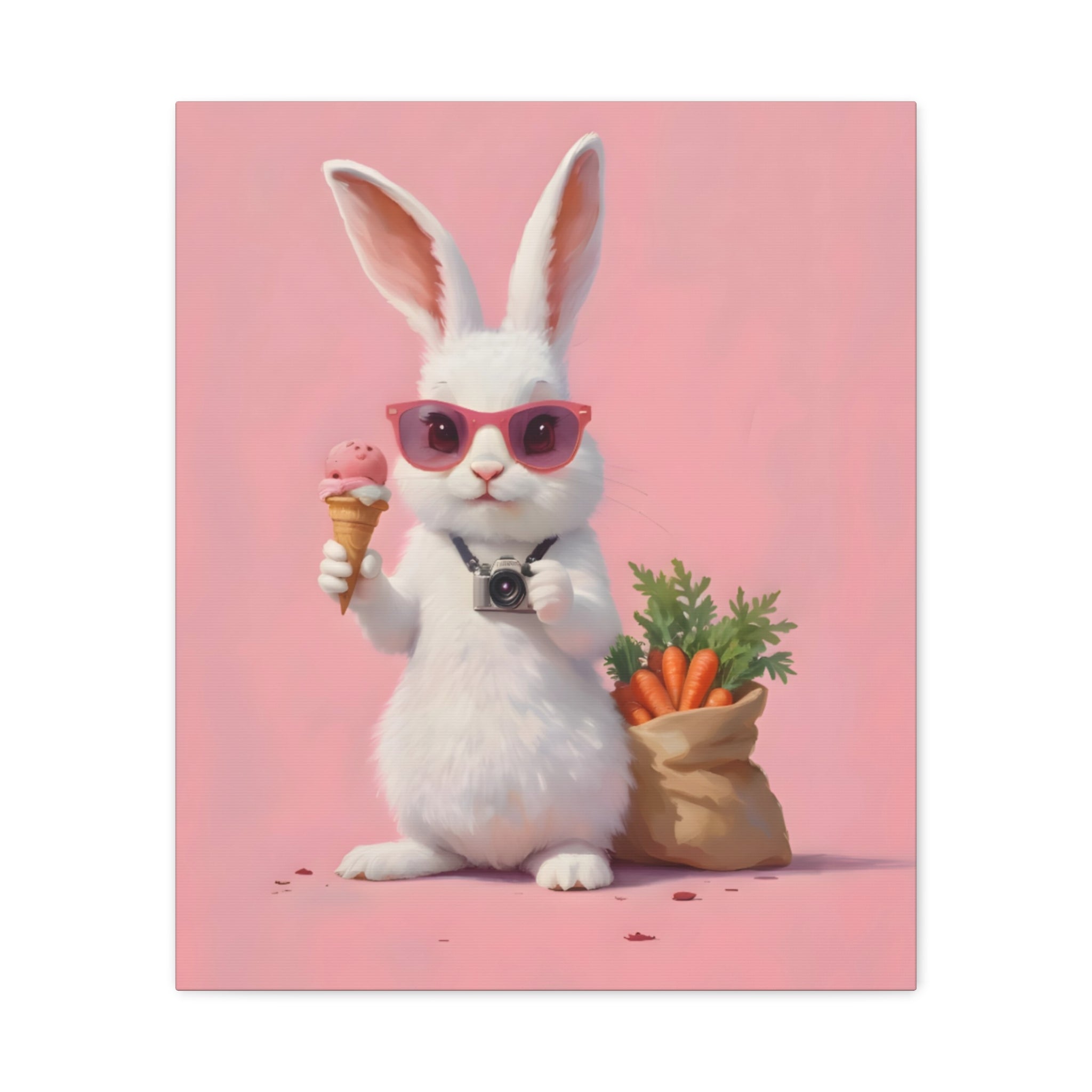 Pink Cute Bunny Canvas Wall Art — Cool Rabbit with Sunglasses, Ice Cream & Carrots (Matte Stretched)