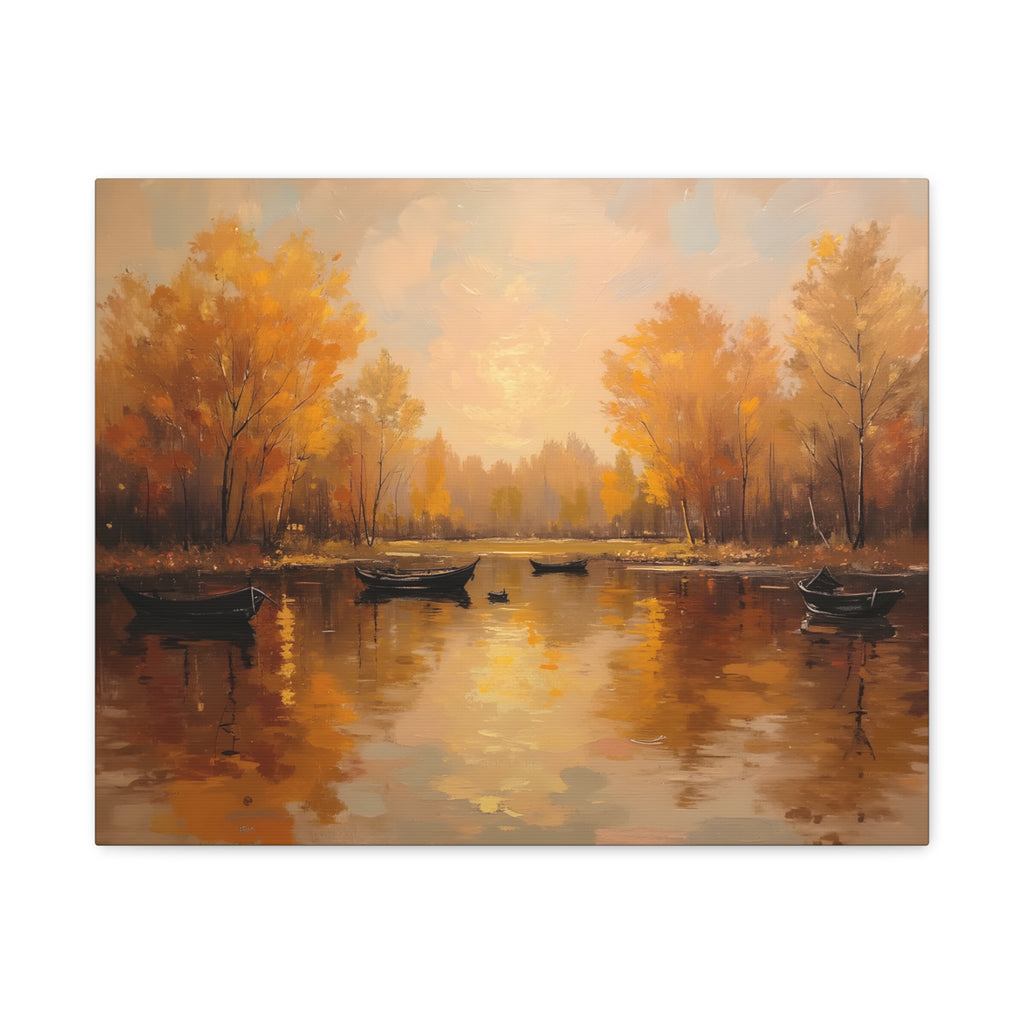 Autumn at the lake with rowboats Wall Art - Stretched Canvas