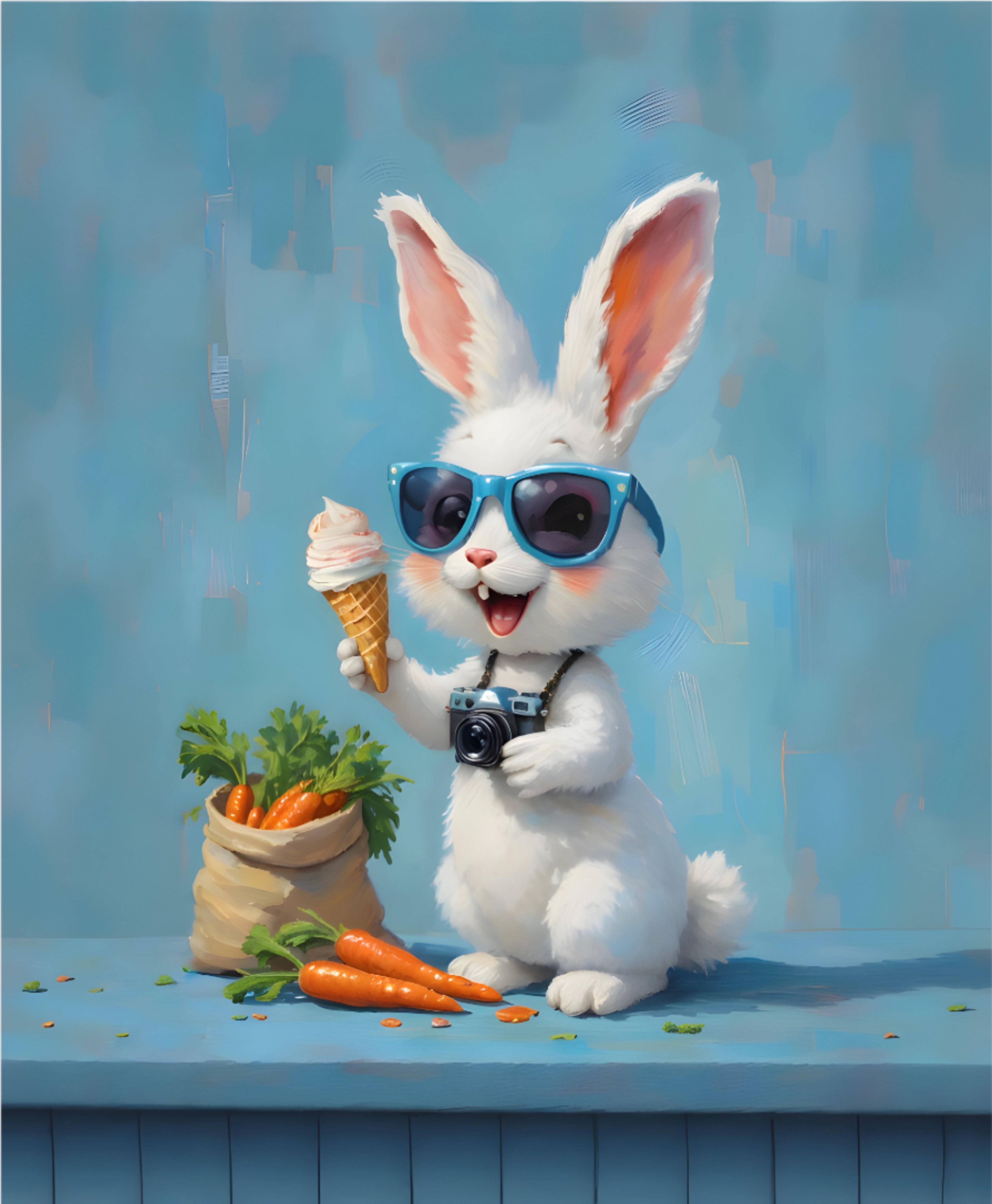 Blue Bunny - Cute Rabbit with Sunglasses & Ice Cream Matte Wall Art - Digital Design (no physical product will be send)