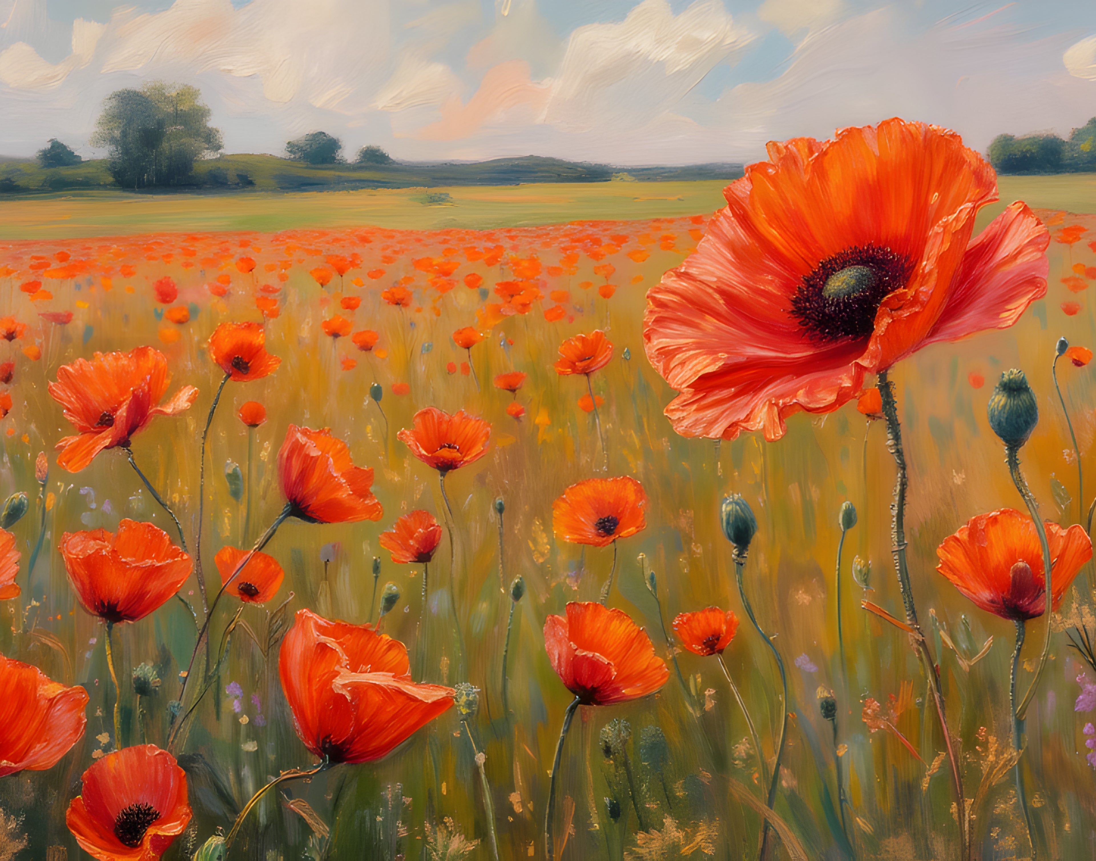 Poppy Field Printable Wall Art, Red Flower Landscape Painting, Wildflower Meadow Decor, Impressionist Floral Art - Digital Design (no physical product will be send)