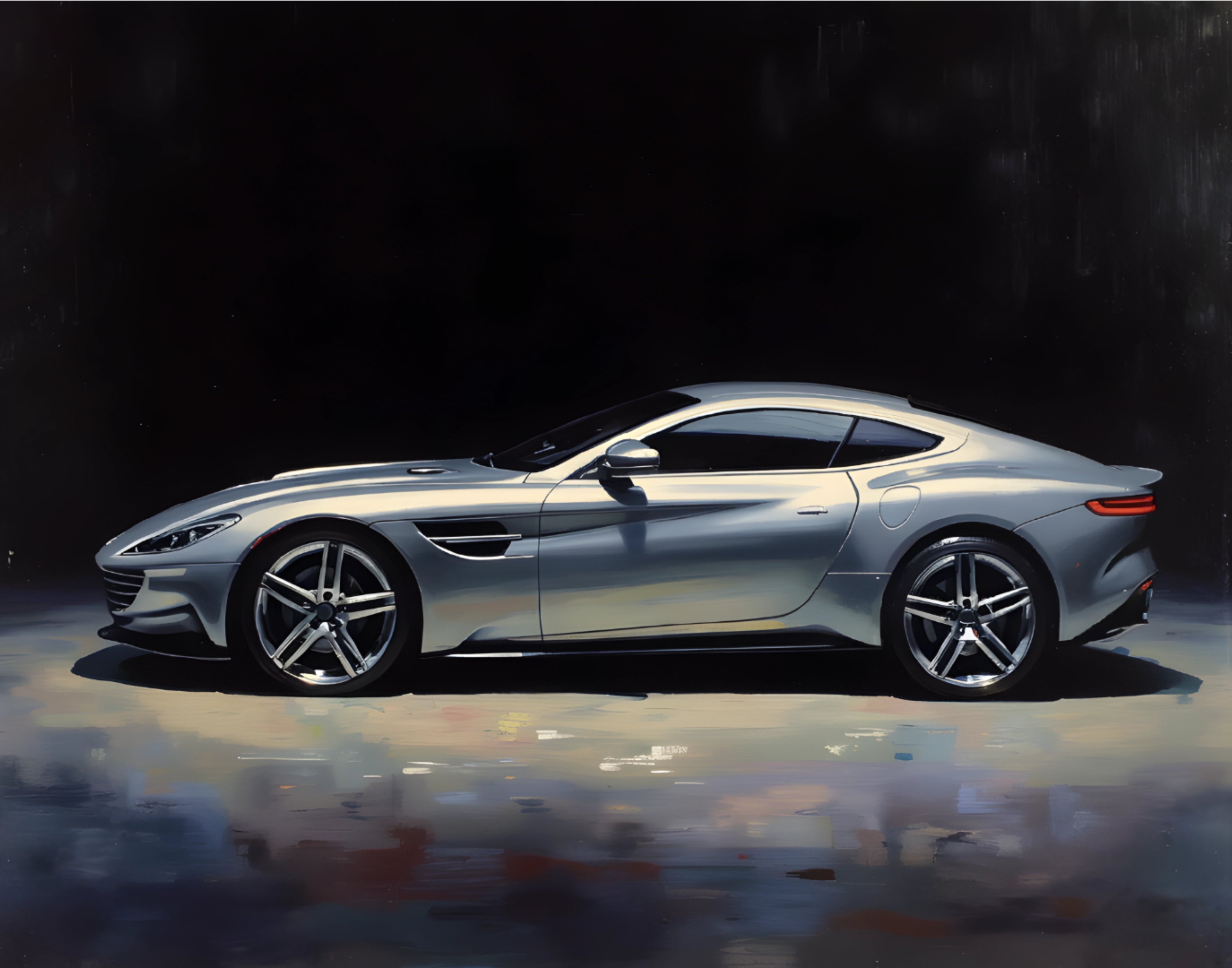 Schilderij van een Zilveren Luxe Sportwagen – Moderne Automotive Muurkunst, Stijlvolle Autoprint, Hedendaagse Garage Decor - Digitaal Ontwerp (geen fysiek product wordt verzonden)